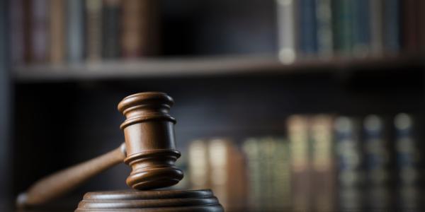 Gavel, scale and law books in the bookshelf.